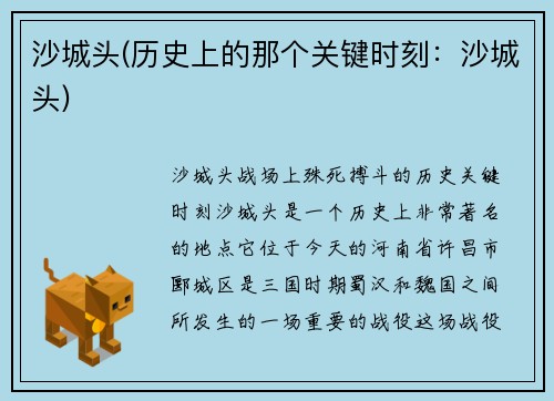 沙城头(历史上的那个关键时刻：沙城头)